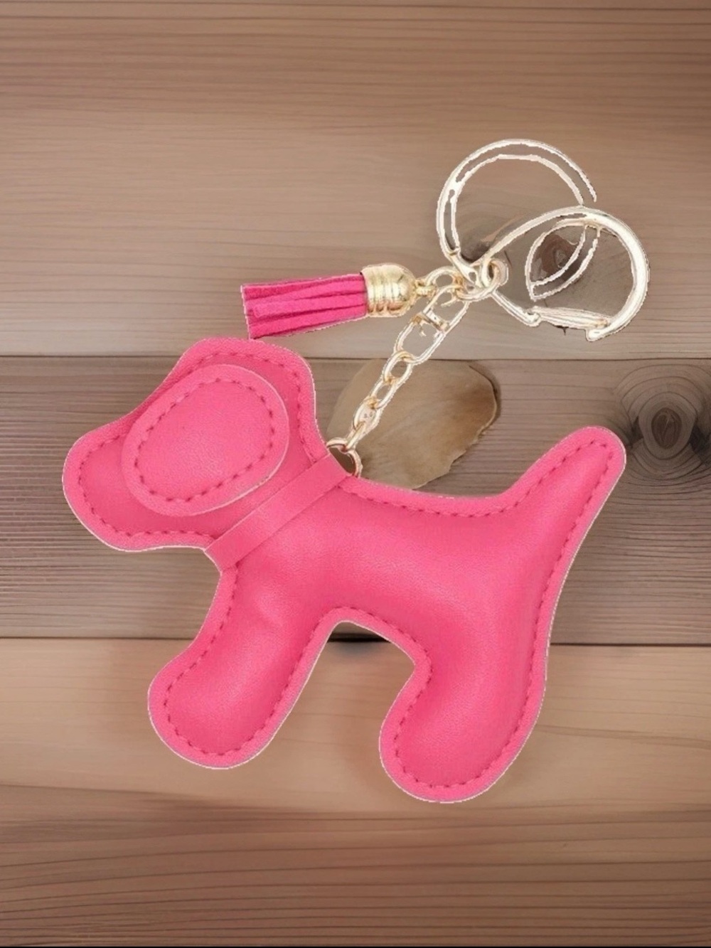 🆕 Vegan Leather Pink Dog Bag Charm Keychain with Gold Hardware and PinkTassel
